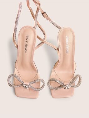 Public Desire Nude Wrap Around Diamante Bow Square Toe Pumps Blush